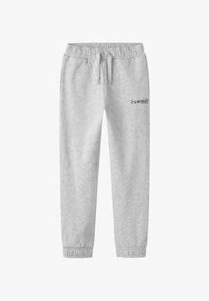 Lysegrå joggingbukser med elastisk talje og manchetter, snøre og lille tekst "IT'S MONDAY" på øverste venstre lår.