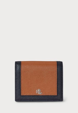 Brown and navy leather wallet with a textured finish, featuring a silver logo on the front and clean, structured design.
