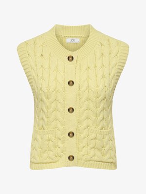 Gul strikket ærmeløs cardigan med kabelmønster, fem brune knapper foran og to forlommer.