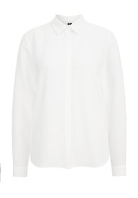 Weißes Hemd mit klassischem Kragen, langen Ärmeln, strukturiertem Stoff und dezenten, erhabenen Mustern über das gesamte Oberteil verteilt. Nahtloses Design.