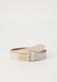 Beige leather belt with a textured finish, featuring a gold-tone double-prong buckle and a loop for securing the end.