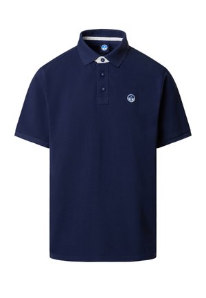 Polo a maniche corte blu navy con due bottoni, bordo del colletto bianco e un piccolo logo rotondo sul petto a sinistra.