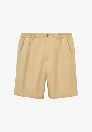 Svijetlosmeđi šorts izrađen od glatkog materijala. Ima elastičnu trakicu s kopčanjem na dugme, dva bočna džepa i ravni kroj.