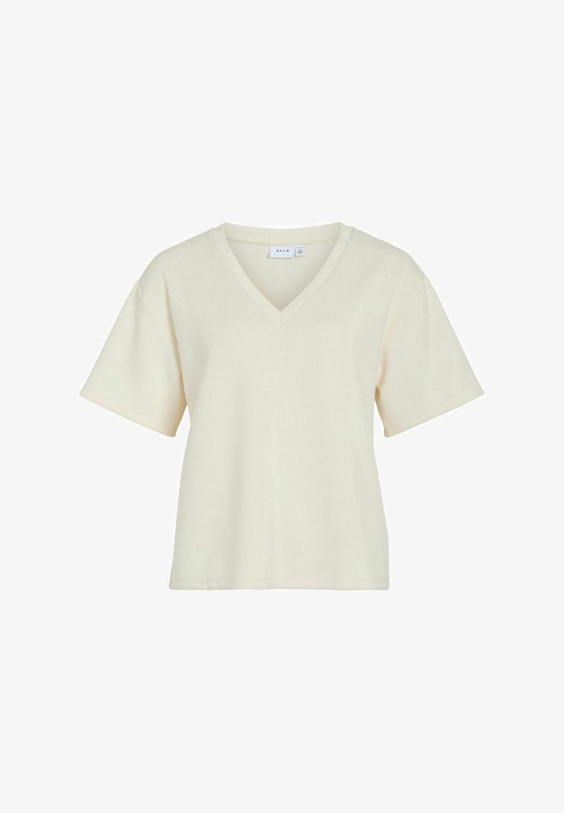 V-neck short-sleeve T-shirt in light cream, made of soft fabric with a relaxed fit and slightly dropped shoulders. No visible patterns or accents.