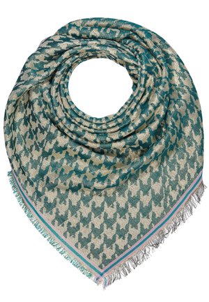 Foulard carré avec motif pied-de-poule vert et beige, bord rayé rose et vert, bords frangés, plié en forme circulaire superposée.