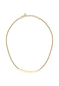 Collana in oro con pendente a barra curva liscia, design a catena collegata e chiusura a gancio, adatta per diverse occasioni.