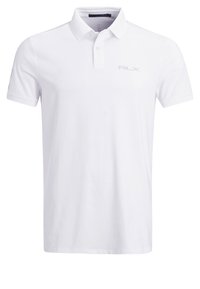 Bílé polo tričko vyrobené z hladké tkaniny, s límečkem na knoflíky, krátkými rukávy a decentním logem na hrudi.