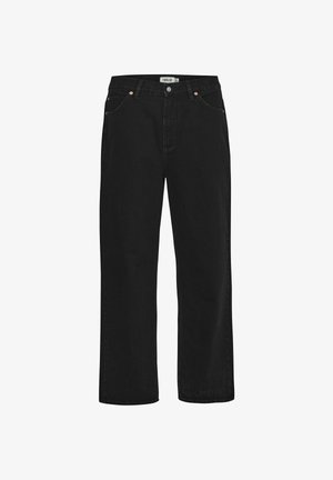 Juodos džinsinės kelnės su tiesiu kirpimu, penkių kišenių dizainu, vario aksesuarais ir tvirtu juosmeniu. Lygus paviršius, paprastas stilius.