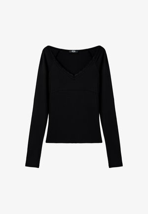 Stradivarius, LONG SLEEVE LACE V-NECK T-SHIRT WITH UNDER-BUST DETAIL - T-shirt à manches longues - mottled black
