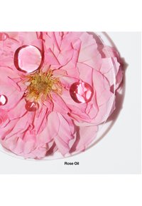 Pétales de rose rose avec une texture lisse, ornés de gouttes d'eau. Une étiquette en dessous indique "Huile de rose", sur un fond blanc.