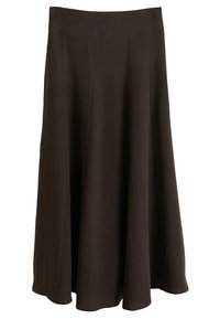 Jupe longue, marron foncé, avec une texture lisse, un design évasé et une large taille. Présente des détails de couture pour une apparence structurée.