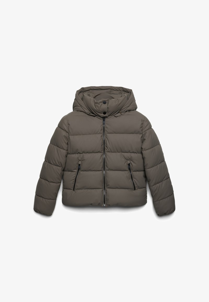 Gepolsterte Jacke in einem sanften Olivgrün. Verfügt über eine Kapuze, einen Reißverschluss vorne und zwei seitliche Reißverschlusstaschen mit einem gesteppten Design.