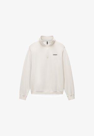 Felpa crema chiaro con collo alto, zip a un quarto e dettaglio logo nero. Tessuto liscio con polsini e orlo a coste.