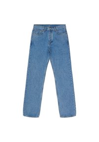 Světle modré džíny rovného střihu, vyrobené ze denimové tkaniny. Obsahují pět kapes, kontrastní šití a zapínání na knoflík a zip.