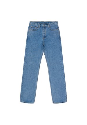 Light blue straight-leg jeans, made from denim. Features five pockets, contrast stitching, and a button and zipper fly closure.