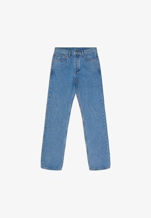 Helle blaue gerade geschnittene Jeans aus Denim. Verfügt über fünf Taschen, Kontrastnähte und einen Knopf- sowie Reißverschluss.