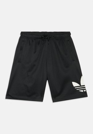 Schwarze sportliche Mesh-Shorts mit elastischem Bund, Kordelzug, Seitentaschen und großem weißen Adidas-Trefoil-Logo am linken Bein.
