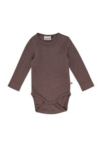 Brauner langärmeliger Body aus weichem Stoff, mit rundem Ausschnitt, Schulterknöpfen und Druckknopfverschlüssen am Boden. Einfaches, nahtloses Design.