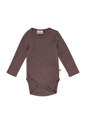 Brauner langärmeliger Body aus weichem Stoff, mit rundem Ausschnitt, Schulterknöpfen und Druckknopfverschlüssen am Boden. Einfaches, nahtloses Design.