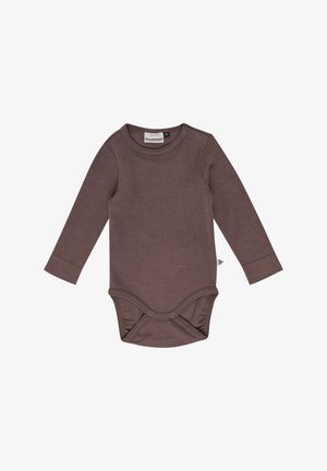 Bruine lange mouwen bodysuit gemaakt van zachte stof, met een ronde halslijn, knoopjes op de schouders en drukknoopsluitingen aan de onderkant. Eenvoudig, naadloos ontwerp.