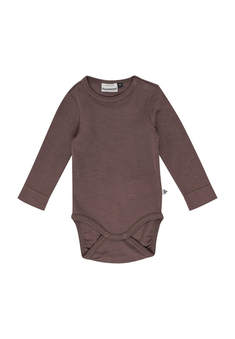 Brauner langärmeliger Body aus weichem Stoff, mit rundem Ausschnitt, Schulterknöpfen und Druckknopfverschlüssen am Boden. Einfaches, nahtloses Design.