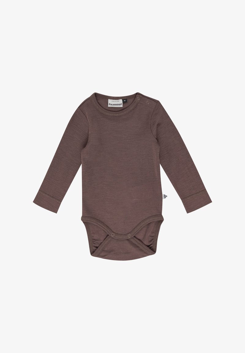 Body à manches longues marron en tissu doux, doté d'un col rond, de pressions aux épaules et de pressions en bas. Design simple et sans couture.