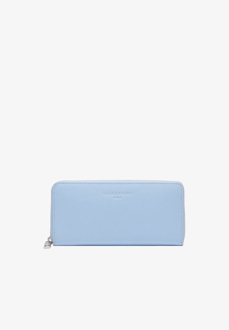 Portefeuille rectangulaire bleu clair avec fermeture éclair argentée et logo "Liebeskind Berlin" embossé sur le devant.