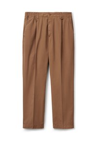 Hnědé kalhoty vyrobené z lehkého materiálu, s elastickým pasem, zapínáním na knoflík a dvěma bočními kapsami a rovnými nohavicemi.