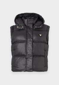 Zwarte gewatteerde vest met capuchon, met een glanzende textuur, een gewatteerd patroon, drukknopen aan de voorkant en een klein driehoekig logo op de borst.