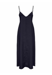 Robe nuisette en satin noir avec de fines bretelles réglables, décolleté en V et une silhouette évasée fluide. Texture lisse et détails de design minimalistes.