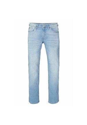 Hellblaue Jeans aus Denim mit geradem Bein, fünf Taschen und dezenten Auswaschungen auf der Vorderseite. Mit Knopfverschluss und Gürtelschlaufen.