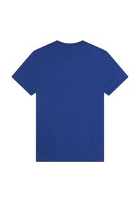 T-shirt in cotone blu con maniche corte e collo rotondo. Tessuto liscio, nessun motivo o accento visibile, design semplice, vista posteriore.