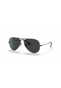 Occhiali da sole aviator neri con lenti scure, dotati di un design a doppio ponte e aste sottili in metallo. Accenti riflettenti arricchiscono la montatura.