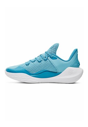 Zapatillas deportivas de color azul claro con una parte superior de malla texturizada, acentos lisos y una suela blanca. Presentan una punta redondeada y cordones prominentes.