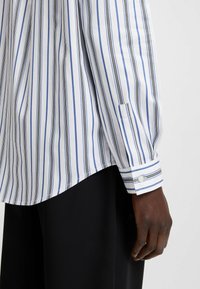 Camicia a maniche lunghe in tessuto bianco con sottili righe verticali blu e nere. Polsini con bottoni e orlo leggermente curvato.
