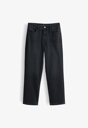 Zwarte spijkerbroek met een rechte pijp, vijfzakkenmodel en een knoopsluiting in de taille. Soepele textuur, minimale vervaging.