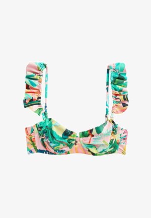 Šareni bikini gornji dio s tropskim uzorkom, nabranim naramenicama i košaricama s žicom, s uzorcima lišća u ružičastoj, zelenoj i plavoj boji.