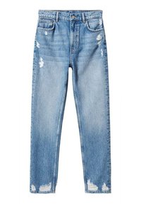 Jean en denim bleu clair avec détails usés, taille haute, coupe droite, cinq poches et fermeture à bouton.