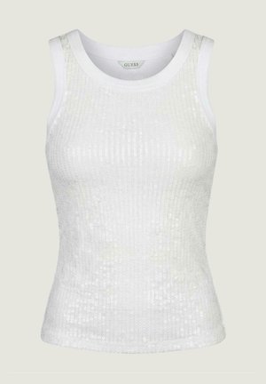 Top bianco aderente senza maniche con strisce verticali di paillettes e scollo rotondo, etichetta Guess marchiata all'interno del colletto.