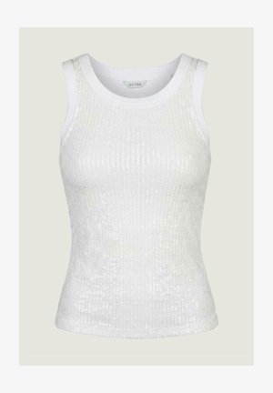 Top bianco aderente senza maniche con strisce verticali di paillettes e scollo rotondo, etichetta Guess marchiata all'interno del colletto.