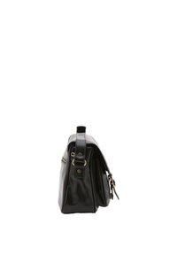 Borsa a tracolla in pelle nera con una forma strutturata, dotata di manico superiore, zip laterale e dettagli in tono oro. Texture liscia con dettagli minimi.
