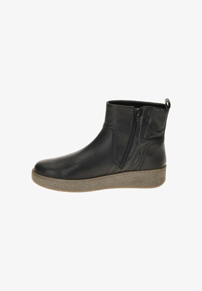 Zwarte leren enkellaarsjes met een afgeronde neus, zijrits en een gestructureerde beige zool. Voorzien van stikdetails langs de schacht.