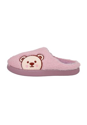 Zapatilla de casa rosa y esponjosa con bordado de cara de oso en la parte superior y suela rosa sólida, diseñada para uso en interiores.