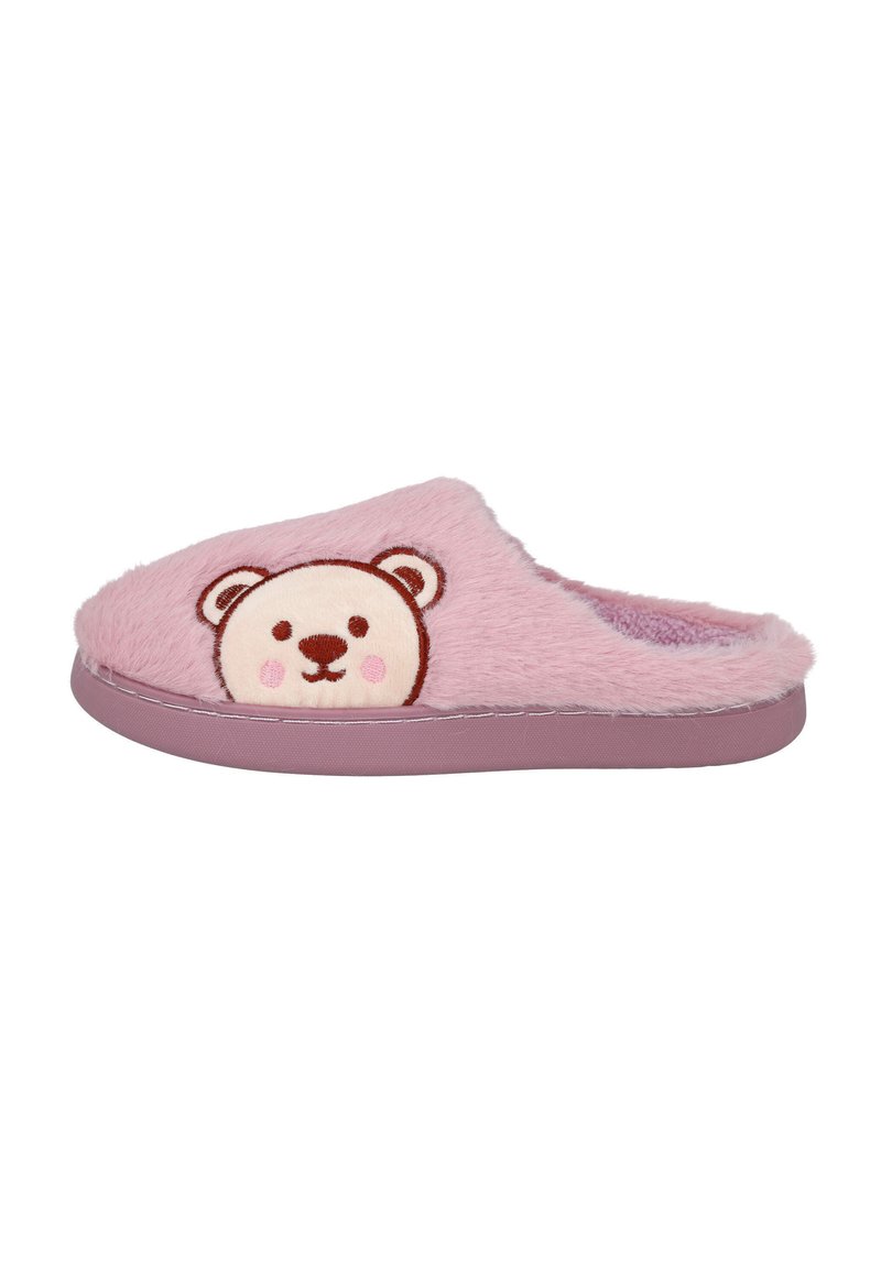 Zapatilla de casa rosa y esponjosa con bordado de cara de oso en la parte superior y suela rosa sólida, diseñada para uso en interiores.