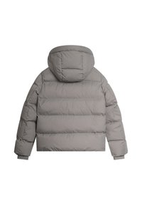 Siva puffer jakna s kapuljačom, s horizontalnim šivenjem, uskim rukavima i skraćenim dizajnom. Glatka, mat završna obrada bez vidljivih metalnih dijelova.