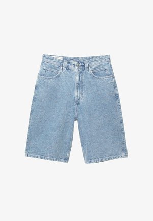 Jasnoniebieskie szorty dżinsowe z teksturowanym, spiralnym wzorem. Oferują klasyczny design z pięcioma kieszeniami oraz zapięcie na guziki.