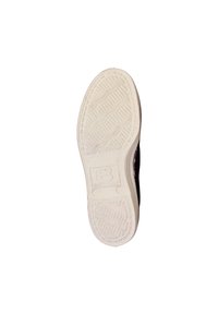 Hvid gummisål med tekstureret grip mønster, mørk overdel i en glat finish, med brandlogo prægede på hælområdet.