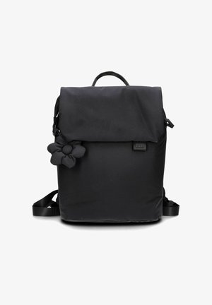 Sac à dos noir avec un rabat pliable, extérieur en tissu, bretelles réglables et ornement en tissu en forme de fleur sur le côté.