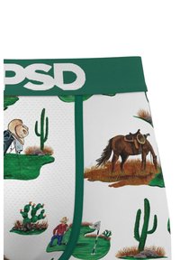 Men's boxer briefs featuring a white base with green cactus and cowboy illustrations. Elastic waistband in green with "PSD" logo.