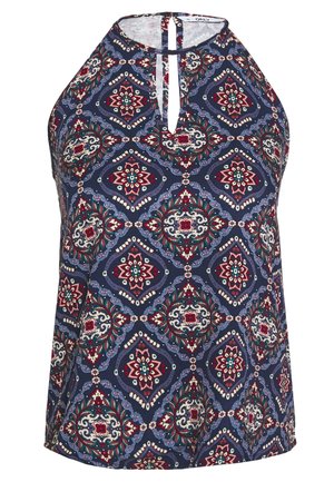 Ärmelloses Neckholder-Top mit komplexen geometrischen und floralen Mustern in Blau, Rot und Weiß, mit Schlüsselloch-Ausschnitt und Knopfverschluss am Rücken.